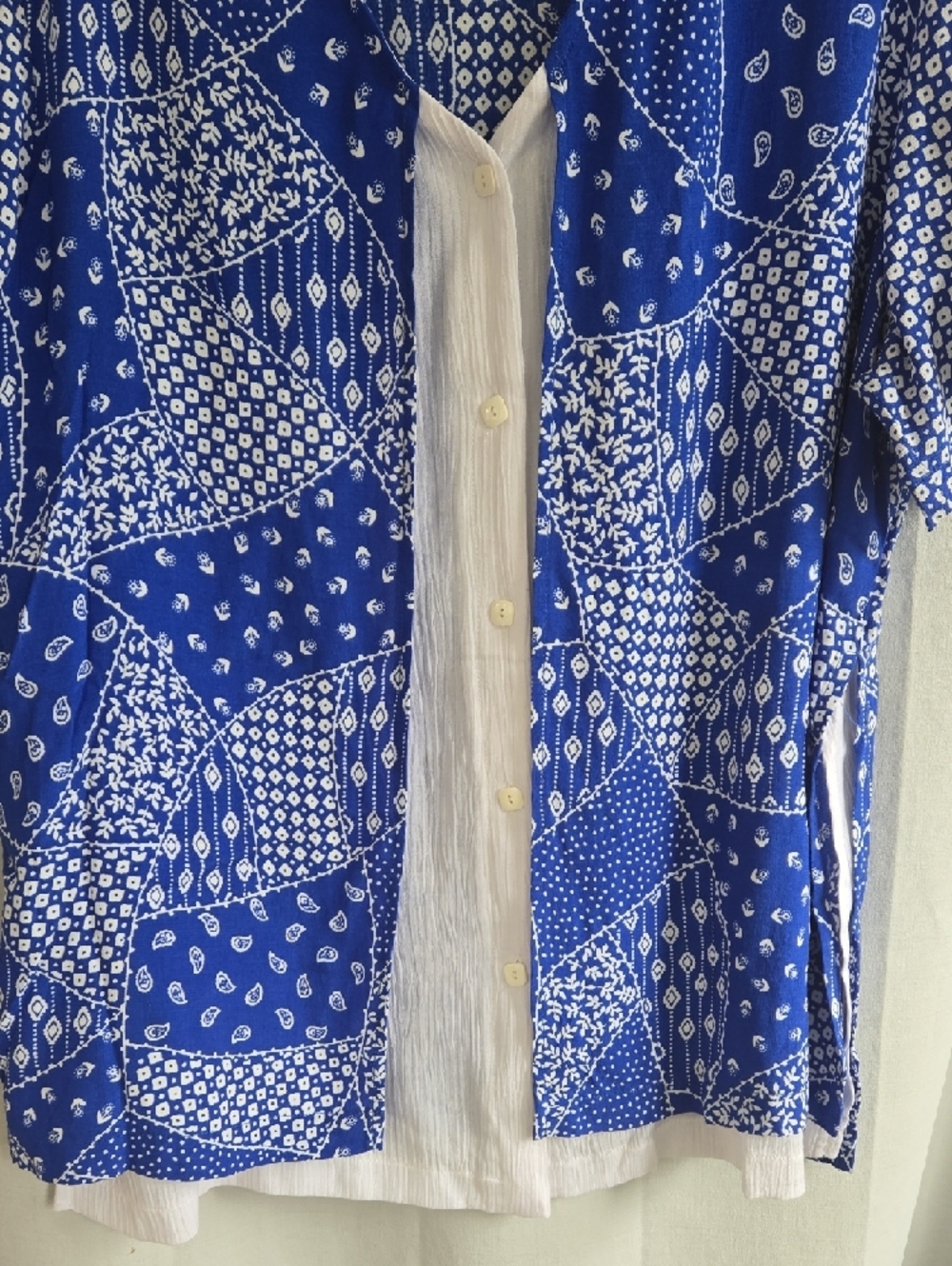 Adolfo Blue Patchwork Print Short Sleeve Button-Down with White Placket - Picture 3 of 13